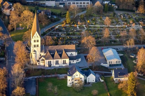 Aerial view, Catholic parish church of St Anthony of Padua, Catholic cemetery, Wickede, Sauerland,
