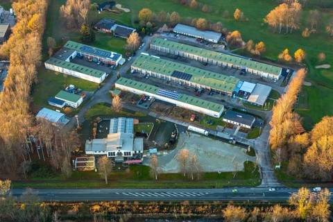 Aerial view, Westerhaar industrial estate, TÜV NORD test centre Wickede Werl, Werl, Sauerland,