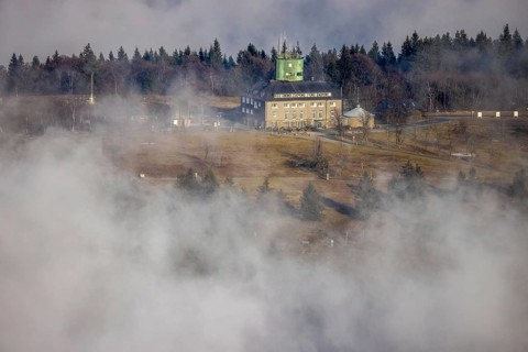 Aerial view, clouds over the Kahler Asten, Astenturm and hotel-restaurant, second highest mountain