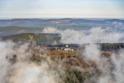Aerial view, clouds over the Kahler Asten, Astenturm and hotel-restaurant, second highest mountain