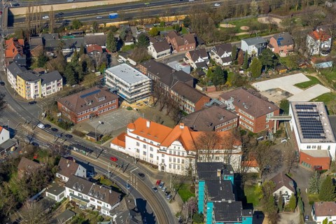 Aerial view, Willy-Brandt-Schule comprehensive school, extension building, Städt. Gem. Grundschule