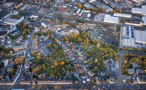 Aerial view, Rhine-Ruhr harbour Mülheim, shipping canal, Weseler Straße commercial area, Speldorf,