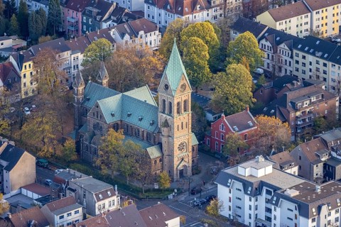 Aerial view, Herz Jesu Kirche, Broich, Mülheim an der Ruhr, Ruhr area, North Rhine-Westphalia,