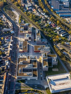 Aerial photo, Hochschule Ruhr West, cycle highway, Broich, Mülheim an der Ruhr, Ruhr area, North