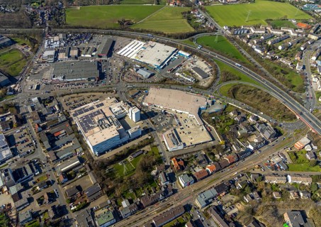 Aerial photo, Mediamarkt, Real, Metro, commercial area, Dümpten, Mülheim an der Ruhr, Ruhr area,