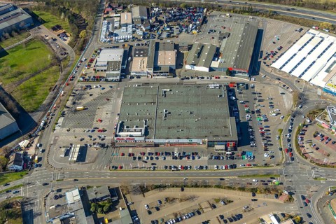 Aerial photo, Mediamarkt, commercial area, Dümpten, Mülheim an der Ruhr, Ruhr area, North