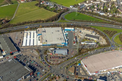 Aerial photo, Mediamarkt, Real, Metro, commercial area, Dümpten, Mülheim an der Ruhr, Ruhr area,