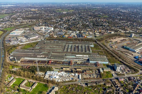 Aerial view, Vallourec Deutschland Kontiwalzwerk, Mediamarkt, Real, Metro, Gewerbegebiet,