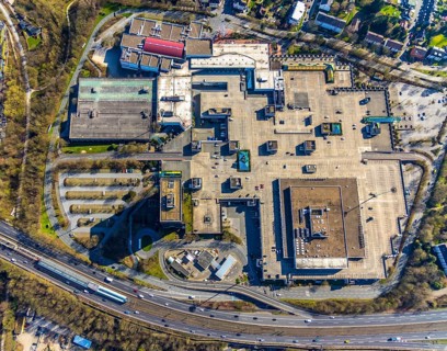 Aerial view, Rhein-Ruhr-Zentrum an der A40, shopping centre on the city border between Essen and