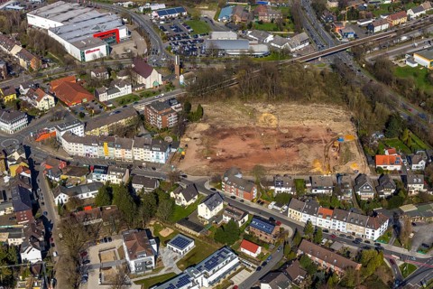 Aerial photo, new construction of residential units, Ehemailger Bolsplatz, football pitch