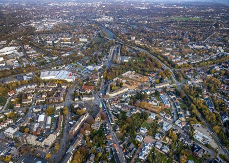 Aerial view, construction site of former football pitch, new construction of detached houses, St.