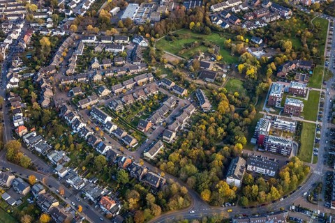 Aerial view, residential area, Saarn, Mülheim an der Ruhr, Ruhr area, North Rhine-Westphalia,