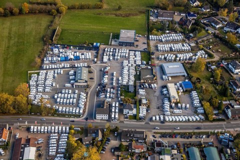 Aerial view, camping mile, caravan mile, company site motorhomes, Saarn, Mülheim an der Ruhr, Ruhr