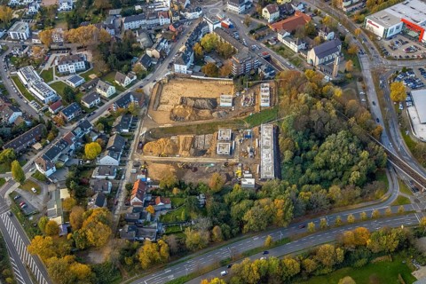 Aerial view, construction site of former football pitch, new construction of detached houses, St.