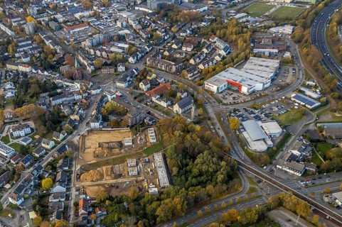 Aerial view, construction site of former football pitch, new construction of detached houses, St.