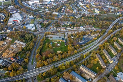 Aerial view, Friedrich-Wennmann-Bad, construction site of former football pitch, new single-family