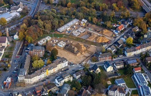 Aerial view, construction site of former football pitch, new construction of detached houses, St.