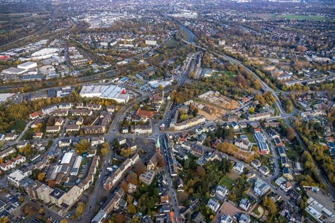 Aerial view, construction site of former football pitch, new construction of detached houses, St.