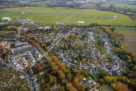 Aerial view, airport housing estate Mülheim, new development area Parsevalstraße, airport