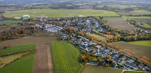 Aerial view, airport housing estate Mülheim, new development area Parsevalstraße, airport