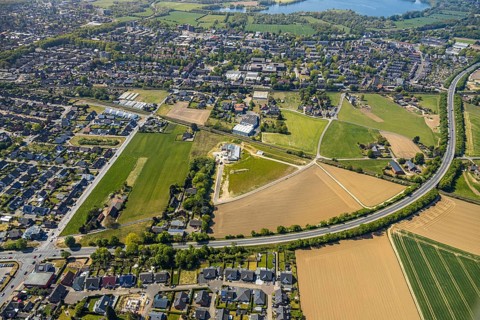 Aerial view, new day-care centre Hessenweg, Hessenviertel, Feldmark, Emmericher Straße, Lackhausen,