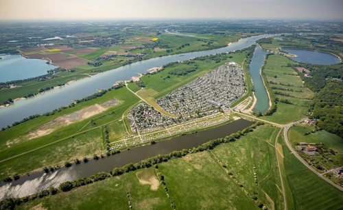 Aerial view, camping site Grav Insel am Rhein, Auesee, caravans and tents, Flürener Altrhein,
