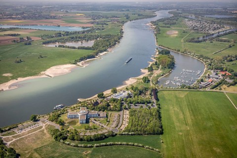 Aerial view, Welcome Hotel Wesel, Rheinbad Wesel, Rhine promenade, Rhine river, Wesel, Ruhr area,