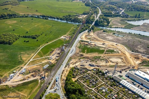Aerial view, construction area on the B8 federal road, River Lippe, Lippe bridge, Fusternberg,