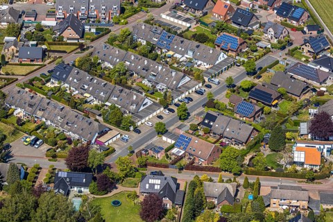 Aerial view, terraced housing estate Wilhelm-Leuschner-Straße, Lackhausen, Wesel, Ruhr area, Lower