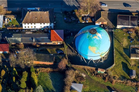 Aerial view, Oberwengerner Straße globe, gas globe, gasometer, Wengern, Wetter, Ruhr area, North