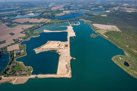 Aerial view, Diersfordter forest lake with sailing harbour, gravel extraction, Wesel, Ruhr area,