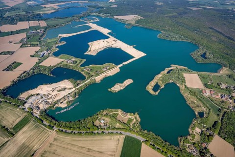 Aerial view, Diersfordter forest lake with sailing harbour, Diersfordt Castle, Wesel, Ruhr area,