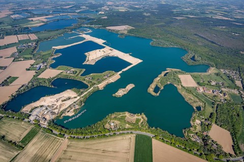 Aerial view, Diersfordter forest lake with sailing harbour, Diersfordt Castle, Wesel, Ruhr area,