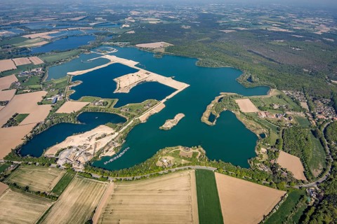 Aerial view, Diersfordter forest lake with sailing harbour, Diersfordt Castle, Wesel, Ruhr area,