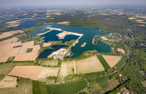 Aerial view, Diersfordter forest lake with sailing harbour, Diersfordt Castle, Wesel, Ruhr area,