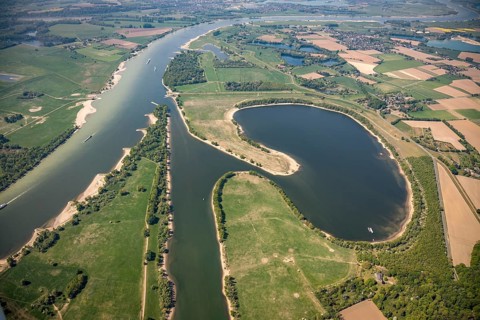 Aerial view, Flürener Altrhein, river Rhine, meadows and fields, Wesel, Ruhr area, Lower Rhine,