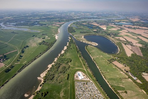 Aerial view, camping site Grav Insel am Rhein, caravans and tents, Flürener Altrhein, Wesel, Ruhr
