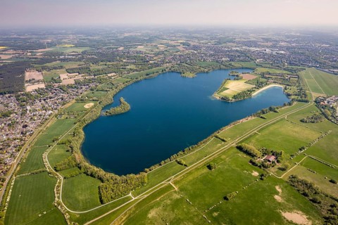 Aerial view, Auesee, Auesee lido, North lido, Wesel marina, meadows and fields, Wesel, Ruhr area,