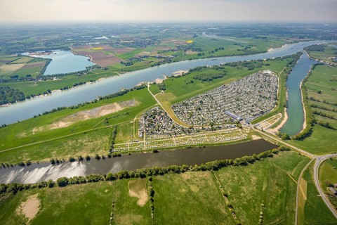 Aerial view, camping site Grav Insel on the Rhine, caravans and tents, Wesel, Ruhr area, Lower