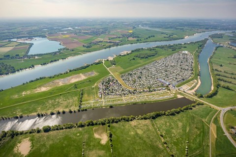 Aerial view, camping site Grav Insel on the Rhine, caravans and tents, Wesel, Ruhr area, Lower