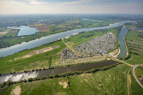 Aerial view, camping site Grav Insel on the Rhine, caravans and tents, Wesel, Ruhr area, Lower