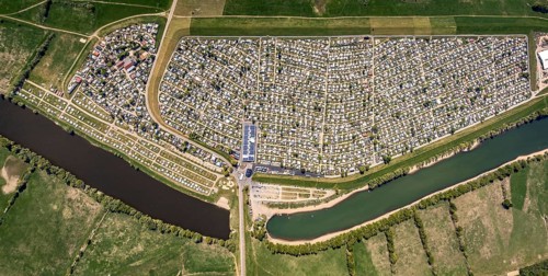 Aerial view, camping site Grav Insel on the Rhine, caravans and tents, Wesel, Ruhr area, Lower