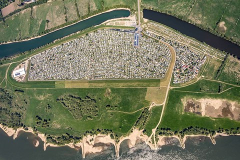 Aerial view, camping site Grav Insel on the Rhine, caravans and tents, Wesel, Ruhr area, Lower