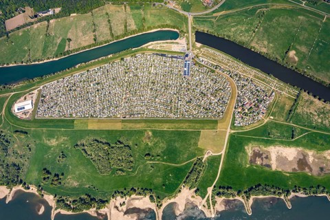 Aerial view, camping site Grav Insel on the Rhine, caravans and tents, Wesel, Ruhr area, Lower