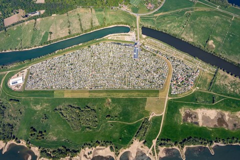 Aerial view, camping site Grav Insel on the Rhine, caravans and tents, Wesel, Ruhr area, Lower