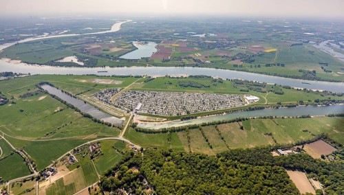 Aerial view, camping site Grav Insel on the Rhine, caravans and tents, Wesel, Ruhr area, Lower