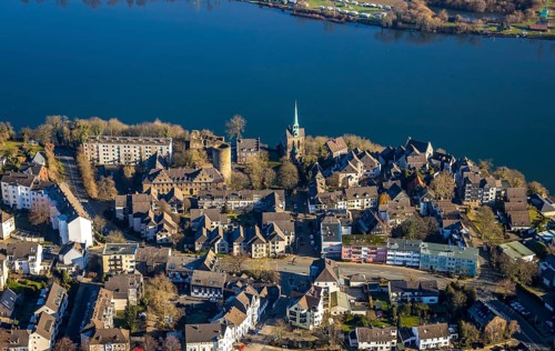 Aerial view, Wetter Castle, Wetter-Freiheit Protestant Church, Harkortsee, Alt-Wetter, Wetter, Ruhr