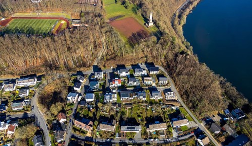 Aerial view, residential area Harkortberg, Ehrenmalweg, Harkortturm, sports field, Alt-Wetter,
