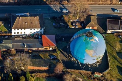 Aerial view, Oberwengerner Straße globe, gas globe, gasometer, Wengern, Wetter, Ruhr area, North