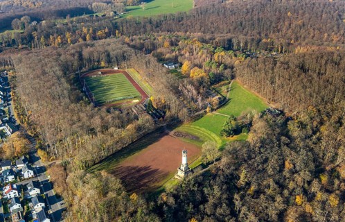 Aerial view, new housing estate Am alten Stamm - Sunderweg, Harkortturm, climbing forest Wetter,